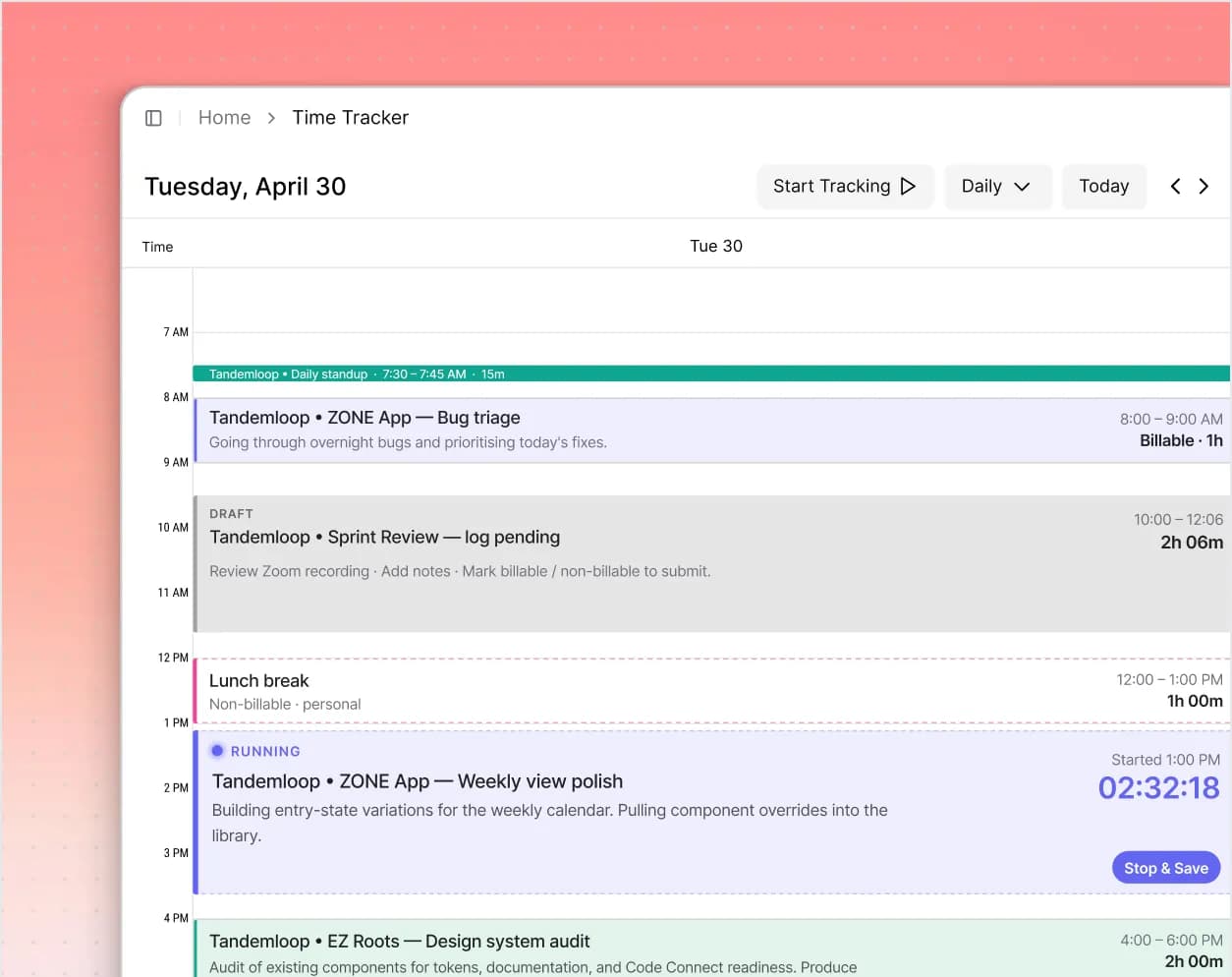 ZONE time tracker showing a daily billable timeline