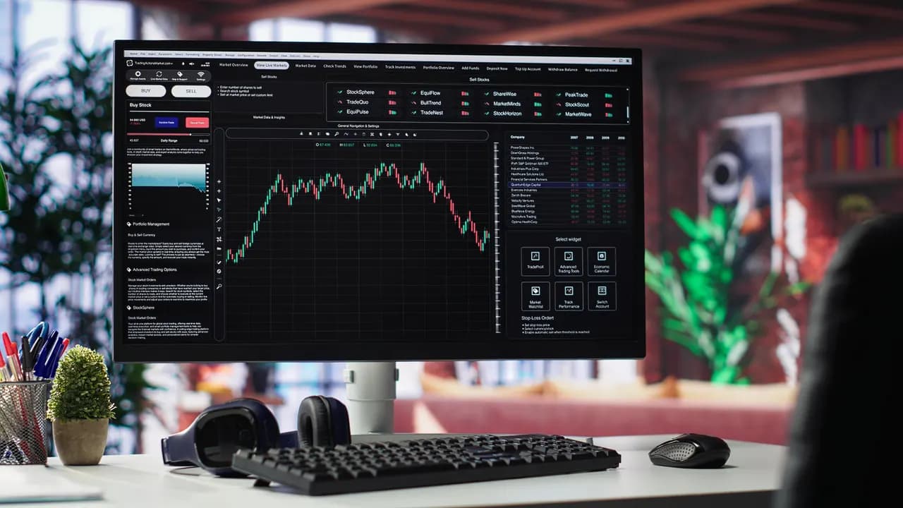 Trading platform dashboard displayed on a desktop monitor