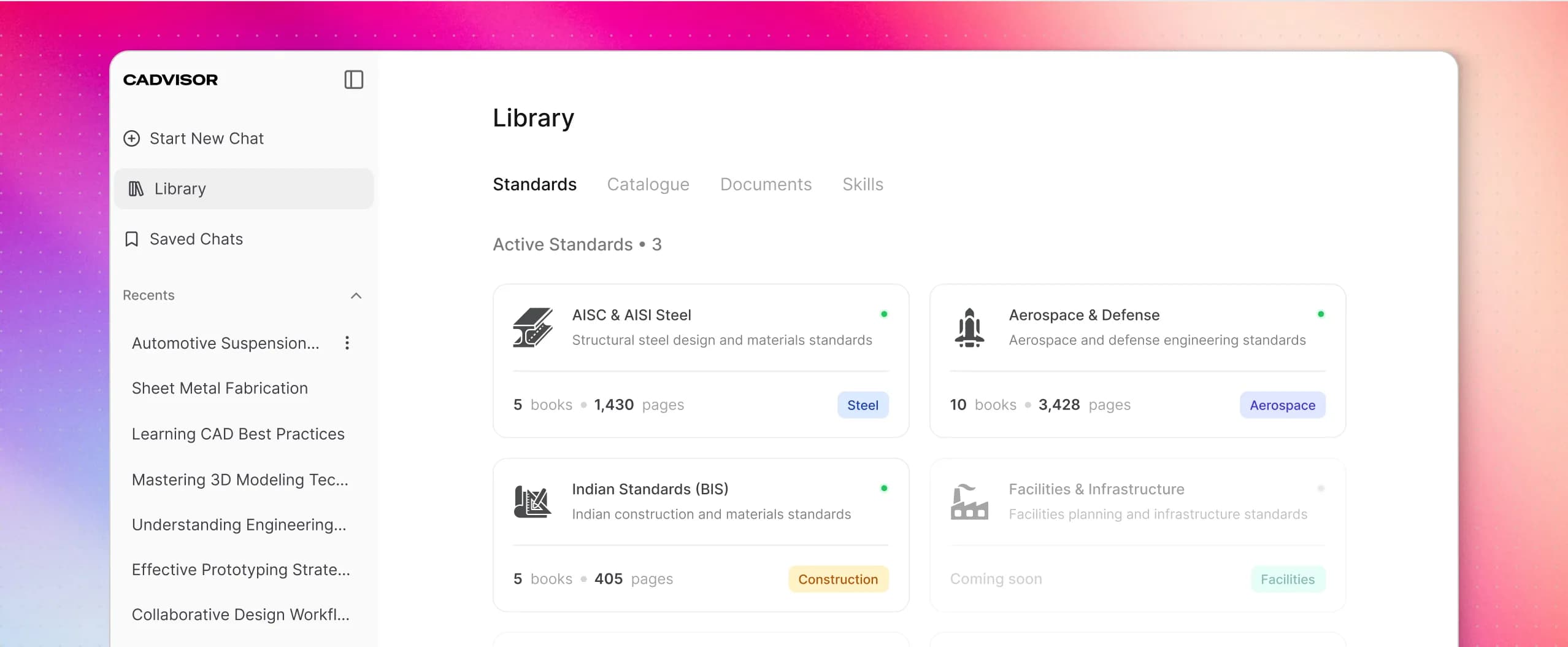 CADVISOR library screen showing uploaded engineering standards and company documents