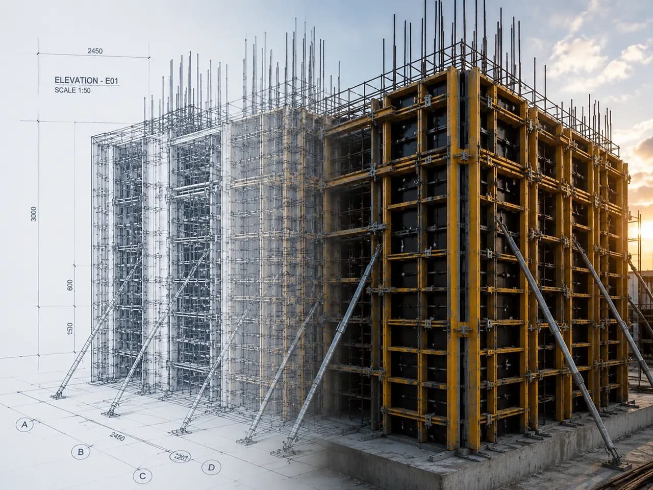 Formwork structure on a construction site overlaid with engineering drawings