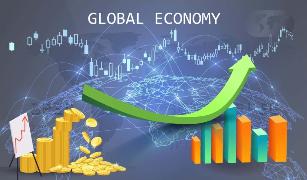 Stock market graph background with coin,graph and digital global map strategy bussines